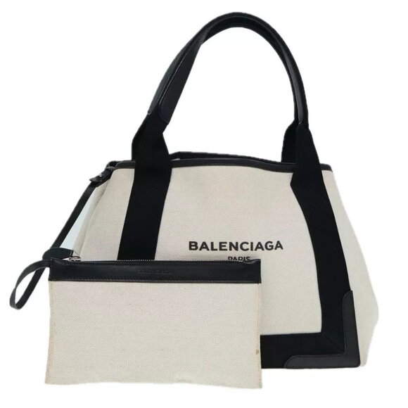 BALENCIAGA Navy Cabas S Hand Bag Canvas Leather White Black 339933 Auth yk14654 - Picture 1 of 16